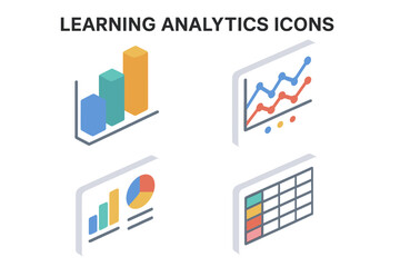 Learning Analytics Icons Set, Isometric Flat Design with Bar Chart, Line Graph, Dashboard, Data Table, Digital Metrics Visualization, Data Analysis Vector