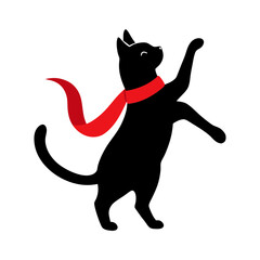 Black cat silhouette vector with red ribbon around its neck