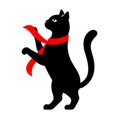 Black cat silhouette vector with red ribbon around its neck
