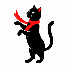 Black cat silhouette vector with red ribbon around its neck