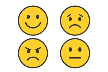 Set of 4 emoticon face icons showing different emotions and moods, including smile, sad, angry, neutral expressions, flat vector illustration isolated on transparent background