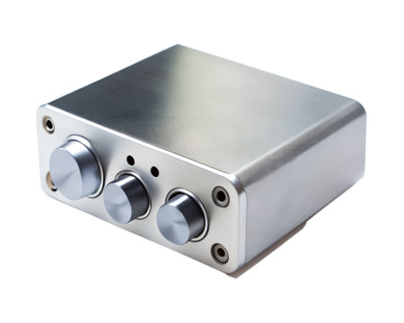 Compact silver audio amplifier device with three control knobs, isolated on transparent background