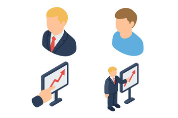 Isometric Leadership and Mentorship Icon Set, Flat Vector Illustrations of Mentor and Mentee Avatars, Business Presentation with Pointing Finger on Growth Chart, Transparent Background
