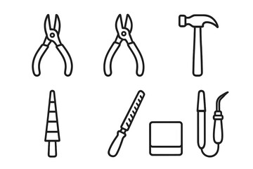 Jewelry making tools line icon set. Vector illustration of goldsmith and silversmith equipment. Pliers, hammer, file, ring mandrel, anvil, torch for craft and handmade work.