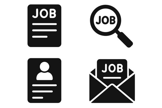 Job search vector icon set. Simple solid glyph icons for employment and recruitment. Magnifier for finding work, resume, CV, application and job offer email illustration.