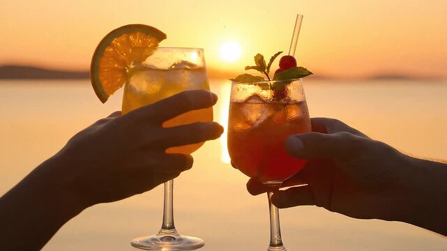 Couple holding cocktails with fruit garnish and orange slice at sunset by the sea - Powered by Adobe