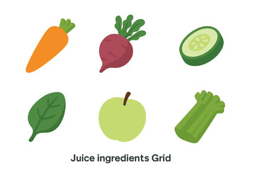 Juice ingredients icon set. Isometric flat vector illustration of healthy food for juicing. Carrot, beetroot, cucumber, spinach, apple, celery for diet, detox, smoothie.