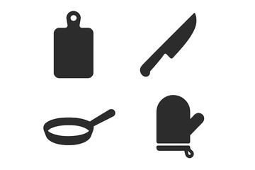 Kitchen tools solid icon set. Cooking equipment symbols with cutting board, chef knife, frying pan, and oven mitt. Vector graphic for culinary and food concepts.