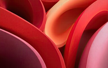 Fototapeta premium Abstract composition of curved, overlapping planes in shades of red and pink