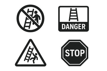 Ladder safety icon set. Vector illustration of warning signs for workplace and construction. Includes fall risk, danger label, prohibition symbol, and stop sign pictograms.