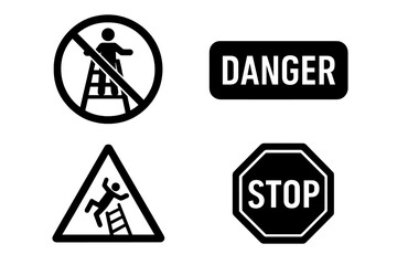Ladder safety icons set. Danger and warning signs for workplace safety. Fall hazard, risk of falling symbol. Prohibition pictogram, do not stand on top. Stop sign vector.