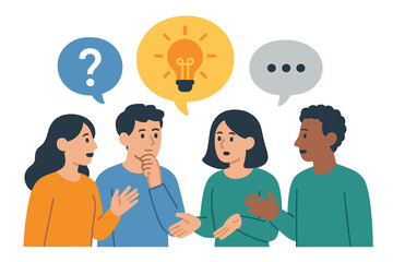 Team brainstorming and communication concept with diverse people avatars discussing ideas, questions, feedback, reviews, and collaborative thinking in colorful vector illustration