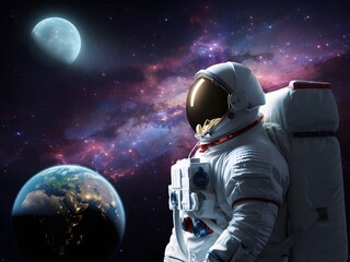 Fototapeta premium Astronaut observing earth and moon space galaxy