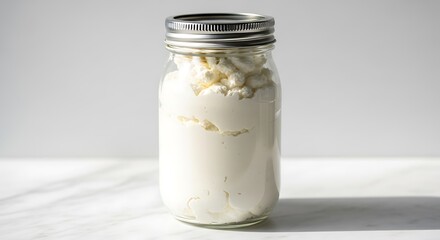 Homemade Cottage Cheese in a Glass Jar Ready for Consumption A Nutritious Dairy Product