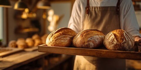 The baker presenting freshly baked artisan loaves in a rustic bakery setting.