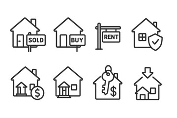 Fototapeta premium Realty icons set for web and mobile app, housing purchase and sale, property rental, insurance, home loans, mortgage, real estate transactions, and more, vector illustration