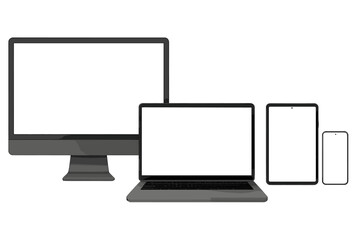 Realistic vector set of digital devices including monitor, laptop, tablet, and smartphone on transparent background, modern technology mockup, electronic gadgets collection