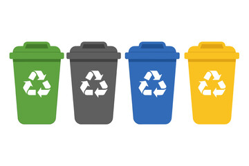 Colorful recycling bins set with recycle symbol, eco-friendly waste containers, green, black, blue, and yellow trash bins, vector illustration with transparent background