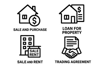 Real Estate Transactions Icons Set: House Sale and Purchase, Property Loan, Apartment Sale and Rent, Business Trading Agreement Vector Illustration