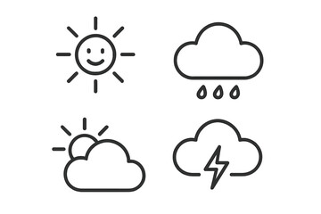 Weather icons set with sun, rain, partly cloudy, and thunderstorm symbols in modern line style, forecast and climate web and mobile app vector illustration on transparent background