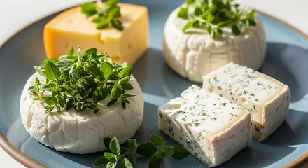 Wandcirkels Restaurant Variety of Cheese with Fresh Herbs on a Blue Plate Gourmet Food Photography Close Up  © Golam