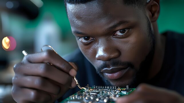 African American male technician examining electronic circuit board with precision tools, focused expression in professional workshop environment.