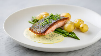 Seared Salmon Fillet with Dill Sauce and Baby Potatoes on a Stylish Plate