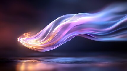 Ethereal glowing waves of purple and orange light dance above reflective water surface against dark background, creating mystical atmospheric effect.