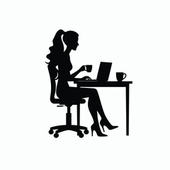 Woman silhouette working on laptop holding coffee cup