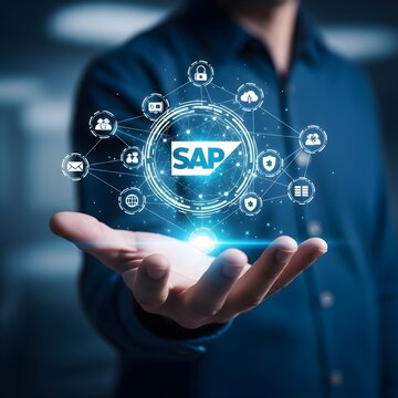 Businessman holding a glowing digital globe with sap logo and interconnected business icons