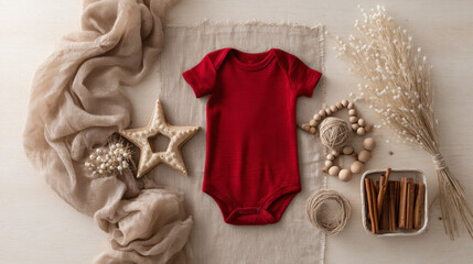 Christmas baby cotton short sleeve onesie mockup. Jumpsuit  Modern minimalist banner design with Xmas mood in white and burgundi red colors