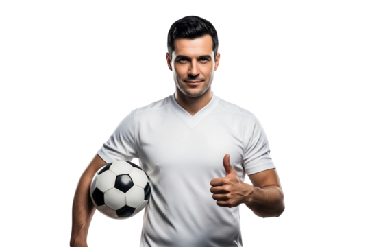 Soccer Player with Ball Giving Thumbs Up on Black Background