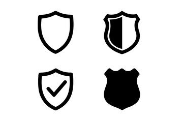 Set of 4 Black Security Shield Icons, Protection Symbols, Safety Emblems, Police Badge Shapes, Vector Illustration for Security and Safety Concept Design Elements
