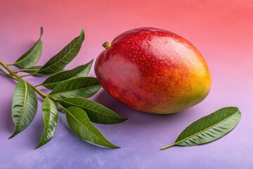 Ripe Mango With Green Leaves on a Colorful Background