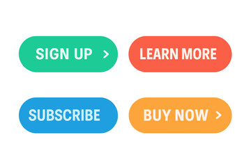 Set of 4 Modern Trendy Flat Call to Action Buttons Vector Illustration with Sign Up, Learn More, Subscribe, Buy Now Options on Transparent Background