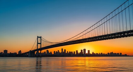 Fototapeta premium Suspension bridge silhouetted against a vibrant sunset cityscape