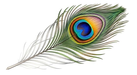 Obraz premium Peacock feather with eye pattern isolated on white background