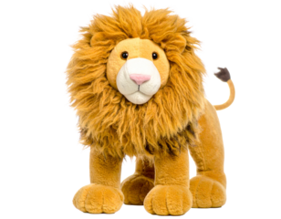 A lion stuffed animal, isolated on a white background, perfect for use in children's themes, toy store promotions, or animal-related designs.