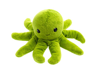 A green octopus plush toy, isolated on a white background, perfect for use in children's themes, sea life content, or playful designs.