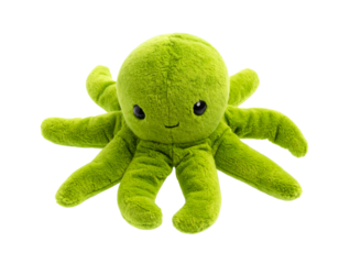 A green octopus plush toy, isolated on a white background, perfect for use in children's themes, sea life content, or playful designs.