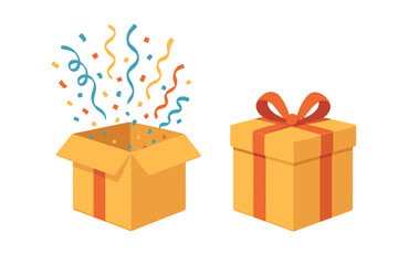 Surprise gift box with colorful confetti and ribbons, open and closed paper packaging, festive present concept, celebration decoration for web, UI, print design, emotional gift idea