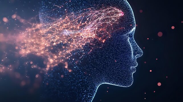 Glowing profile silhouette with particles and light trails emerging from head against dark background, representing consciousness and mind power. Suitable for AI concepts.