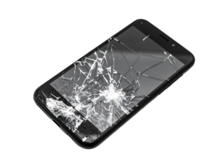 A shattered smartphone screen, isolated on a white background, symbolizing broken technology, damage, or repair needs.