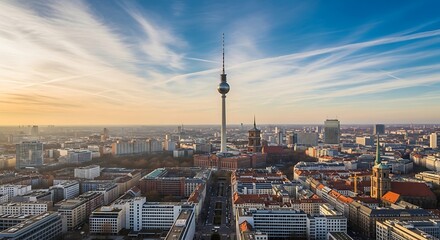 Obraz premium Panoramic view of berlin cityscape with the tv tower at sunset