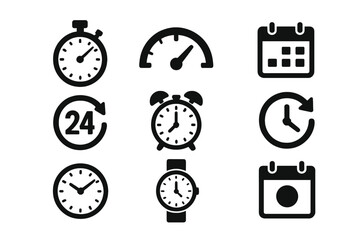 Obraz premium Time management icons collection: stopwatch, speedometer, calendar, 24-hour timer, alarm clock, countdown clock, wristwatch, date reminder, simple black vector symbols for web and mobile apps