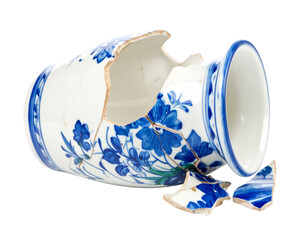 A smashed ceramic vase, isolated on a white background, perfect for use in themes of damage, broken objects, or art.