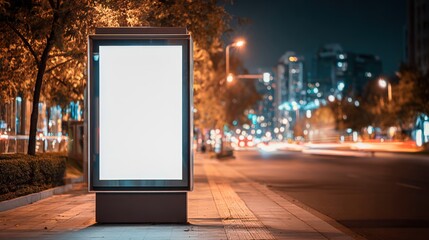 Illuminated City Lightbox Mockup at Night Featuring a Blank White Screen for Advertising