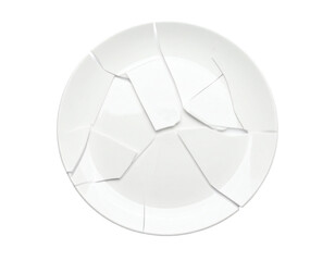 A smashed white plate, isolated on a white background, perfect for use in themes of damage, broken kitchenware, or household accidents.