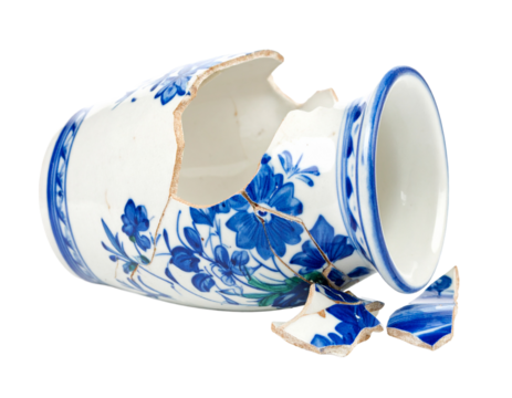 A smashed ceramic vase, isolated on a white background, perfect for use in themes of damage, broken objects, or art.