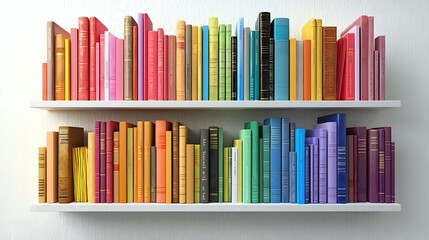 Fototapeta premium Colorful hardcover books arranged in rainbow order on white floating shelves against light wall, creating vibrant spectrum display for modern home library or bookstore.